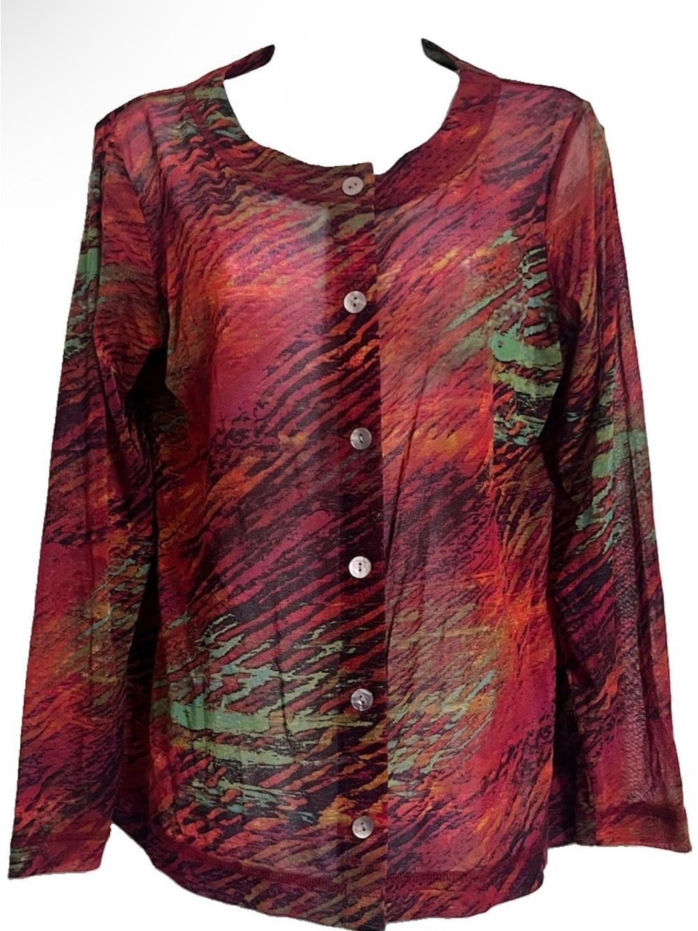 Chico's Size 1 US M/8 Abstract Sheer Mother of Pearl Button-Front Long Sleeve